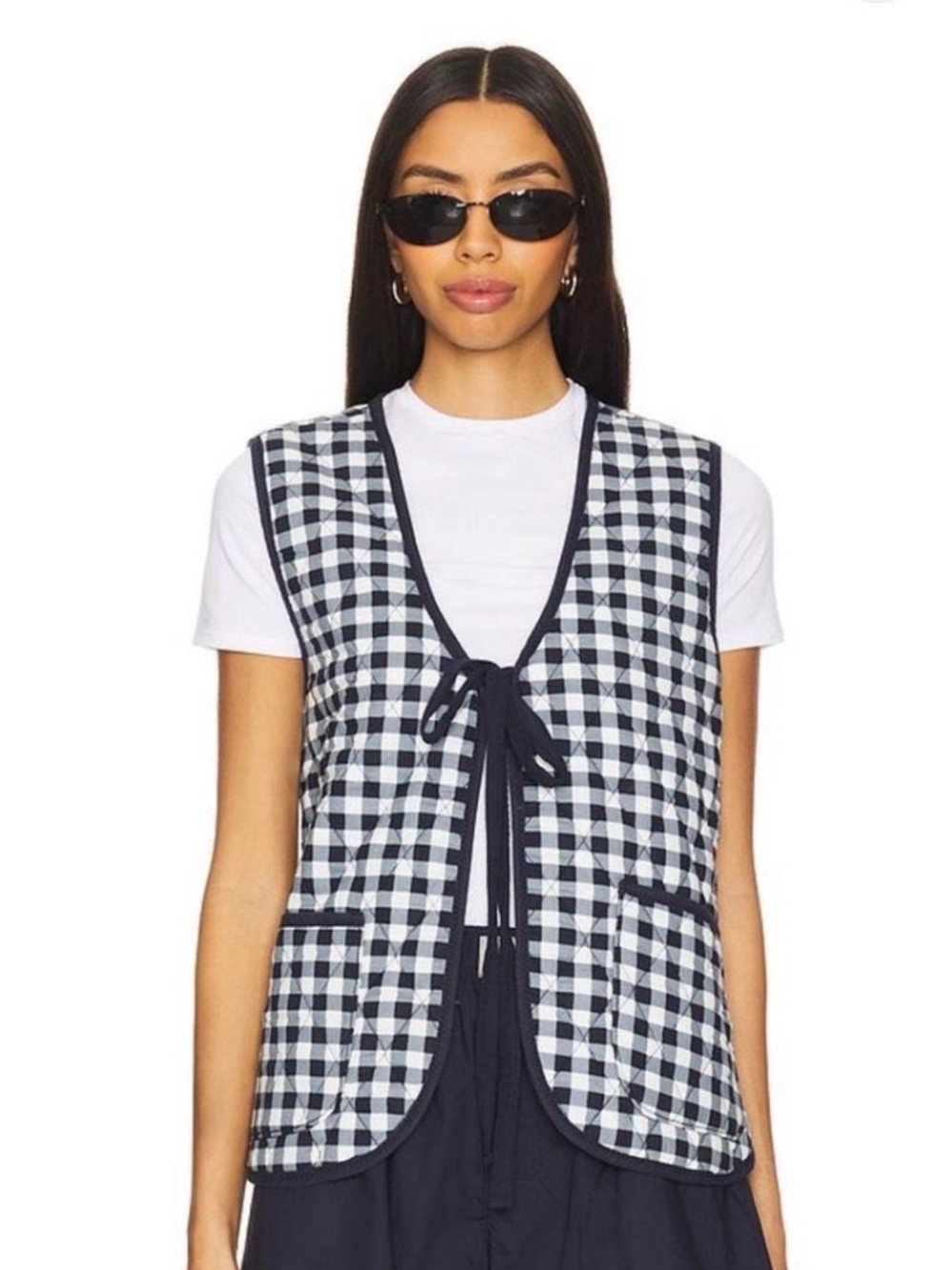 Free People Navy & White Quilted Plaid Vest with Tie Front